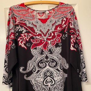 Susan Graver 3/4 Sleeve Stretchy Pullover 2X Black Red & White